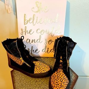 Genuine leather & calf hair sneakers by Betsy Johnson